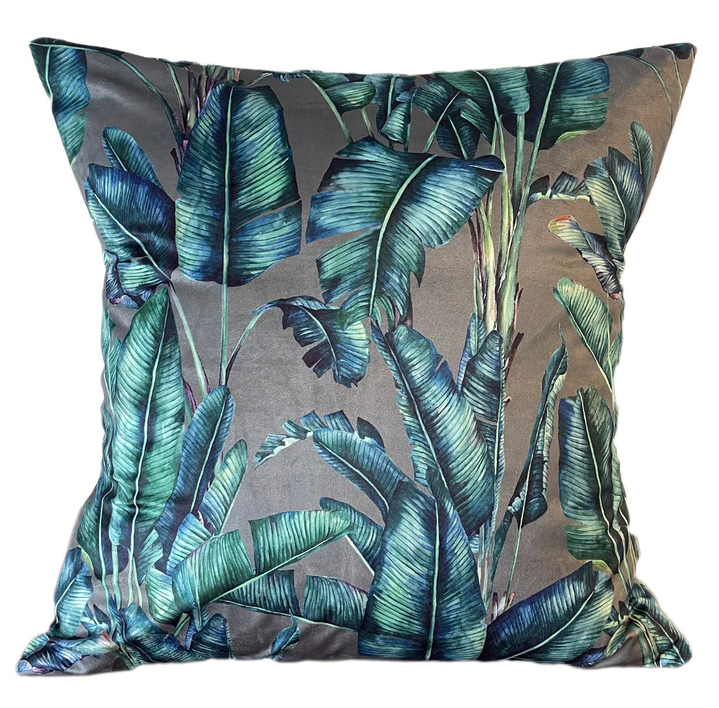 Set of 3 Botanical Grey Leaf Velvet Cushion