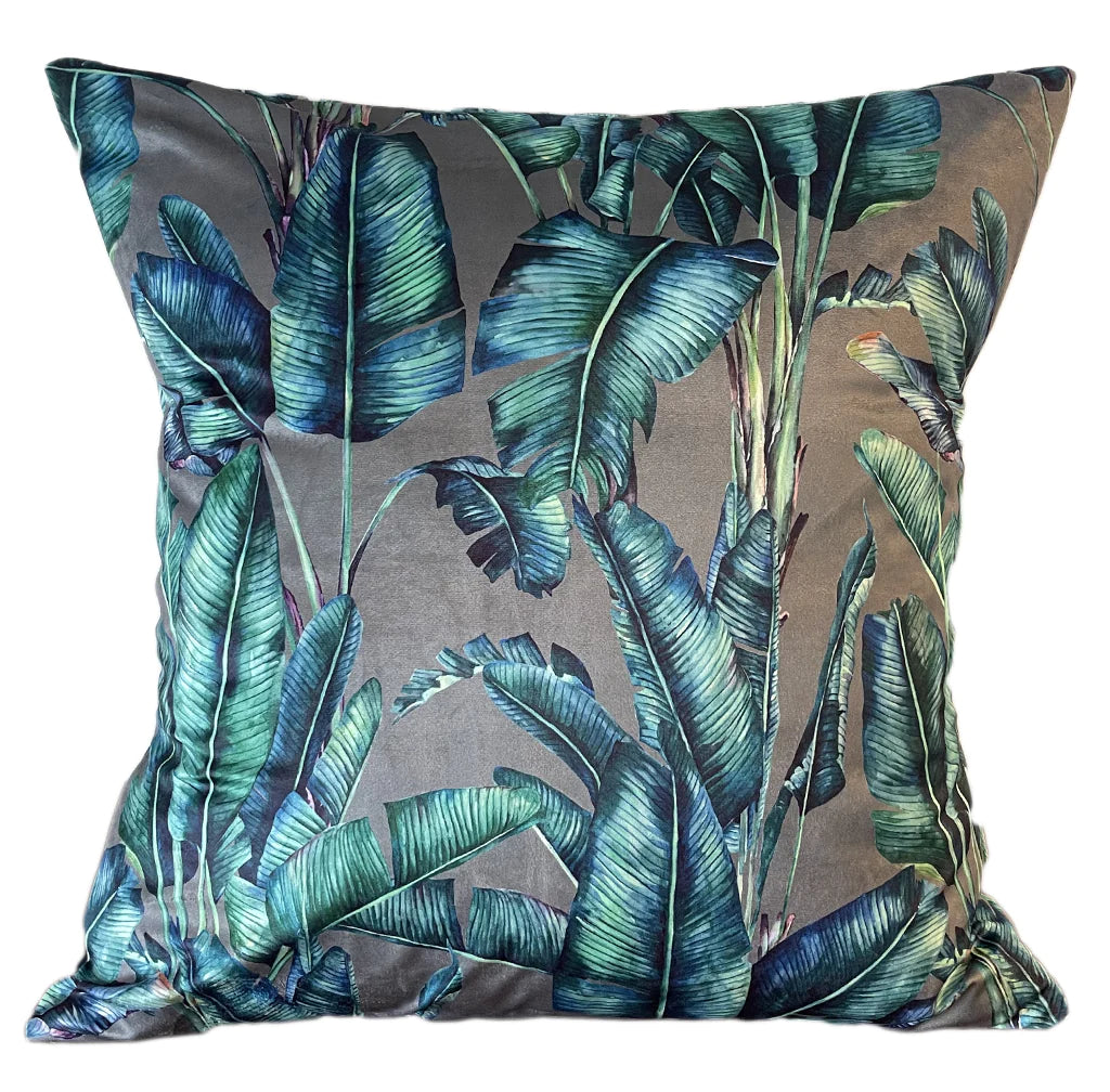 Botanical Grey Leaf Velvet Cushion