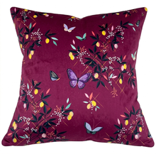 Load image into Gallery viewer, Midnight Orchard Raspberry Velvet Cushion
