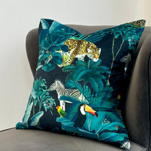 Load image into Gallery viewer, Palm Forest Teal Jungle Animals Velvet Cushion
