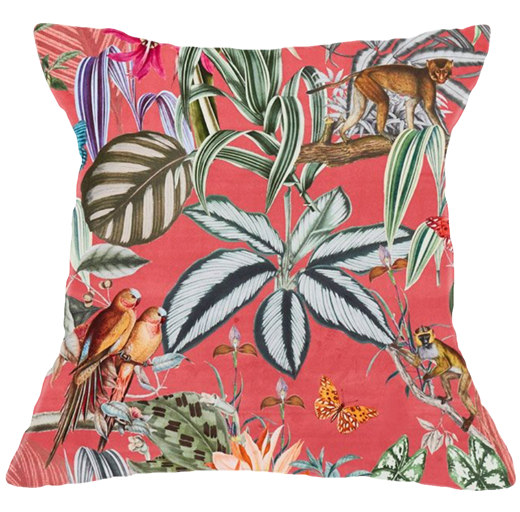 Tropical Tapestry Coral Velvet Cushion